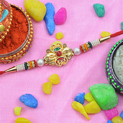 Golden Design in Middle with White Beads Designer Rakhi