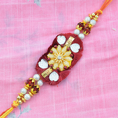 Floral in Mid Maroon Color Beads Designer Rakhi for Brother