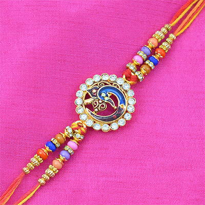 Peacock in the Mid of Round shape Studded Diamond Design Rakhi