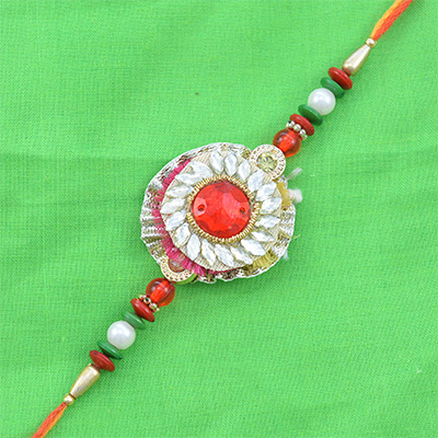Big Red Diamond Type Beads in Middle Designer Rakhi