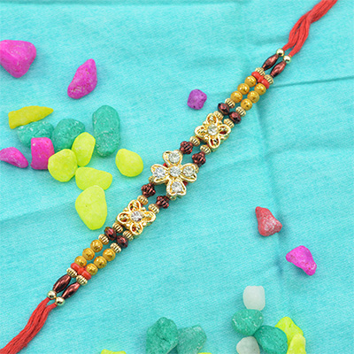 Small Golden Flower and Colorful Beads Designer Rakhi