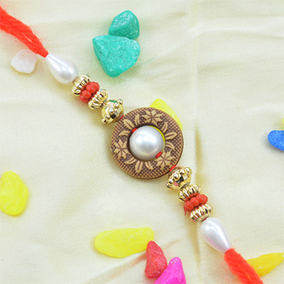 White Pearl Type Bead in Centre Red Thread Rakhi for Brother