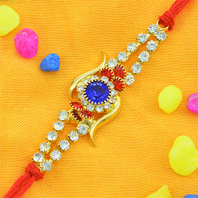 Blue Diamond in Mid Golden Multi Jewel Golden Awesome Rakhi