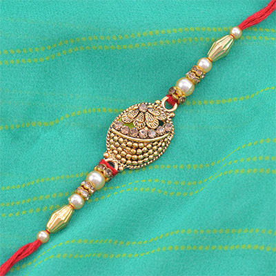 Small Golden Design Dotted Beads Red Mauli Fancy Rakhi