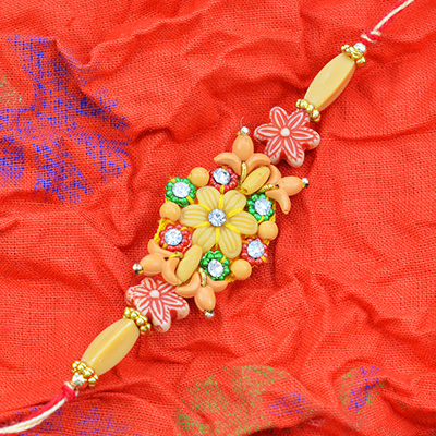Wooden Color Type Floweriest Jewel Studded Fancy Rakhi for Brother