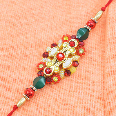 Red and Golden Color Newly Design Jewel and Beaded Fancy Rakhi