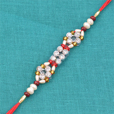 White Colored Beads with Jewels Majestic Marvelous Fancy Rakhi for Brother