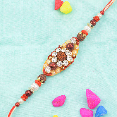 Divine Rudraksha in Mid Surrounded with Jewels Amazing Looking Fancy Rakhi