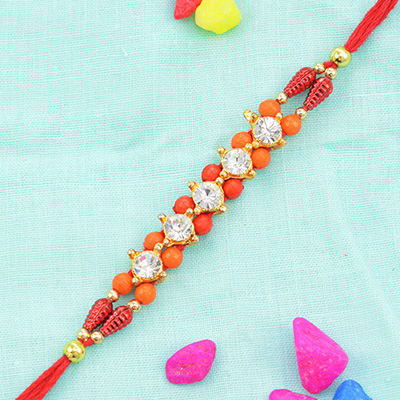 Simple Orange Beads and Reflecting Jewels Multi Linder Design Fancy Rakhi