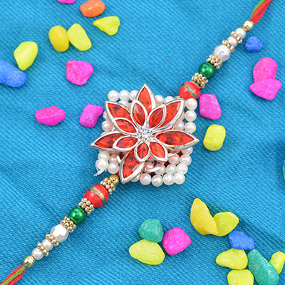 Red Flower On Bunch of Grid Shaped Beads Beautifully Design Fancy Rakhi