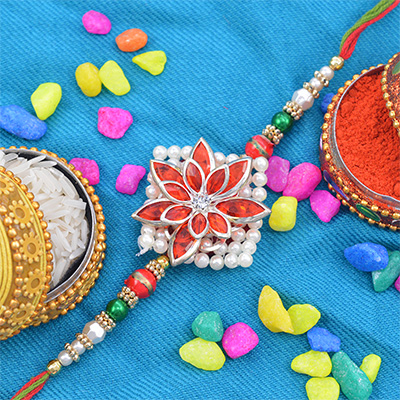 Red Flower On Bunch of Grid Shaped Beads Beautifully Design Fancy Rakhi