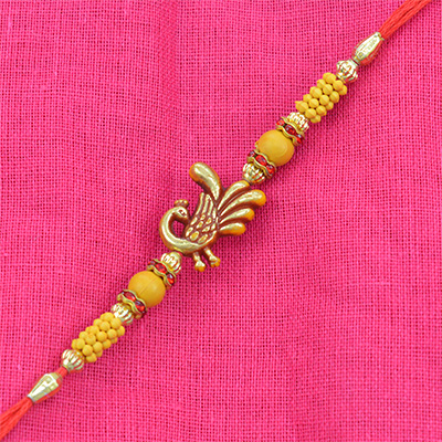 Small Brown Shaded Peacock in Mid With Wooden Beads Fancy Rakhi for Brother