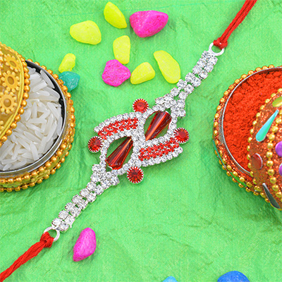 Beautiful Two Color Rich Look Diamonds Jewel Rakhi in Silk Thread