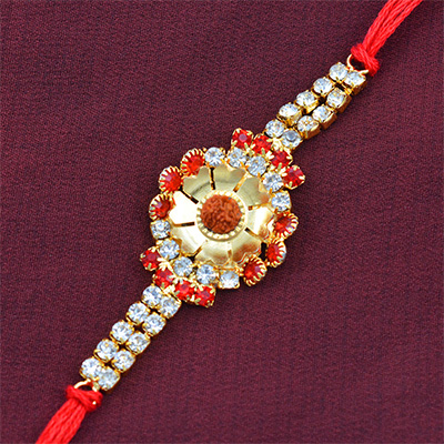Unique Rudraksha Studded in Flower Diamonds with Graceful Red Silk Thread