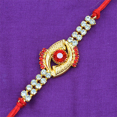 Awesome Red Diamond Studded in Deep Golden Eye Design with Jewel in Silk Thread
