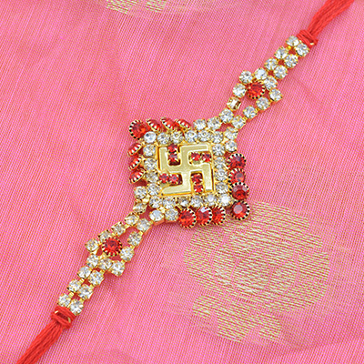 Marvelous Golden Swastik Studded Rich Look Colorful Diamonds with Awesome Silk Thread