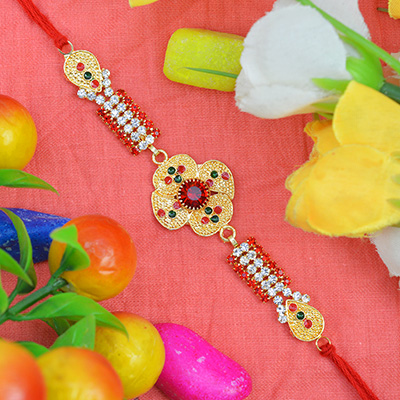 Gorgeous Golden Flower Shining with Multicolor Diamonds with Graceful Silk Dori