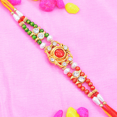 Red Kundan Studded in Middle Multi Thread Rakhi for Brother