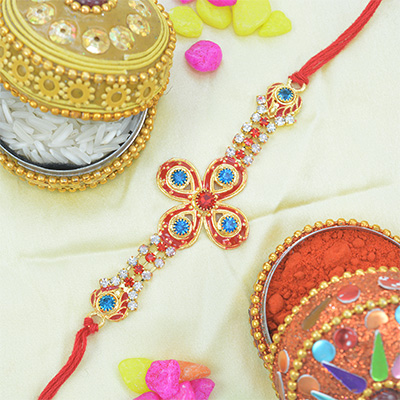 Blue Colored Jewel on Red Flower Awesome Rakhi for Brother
