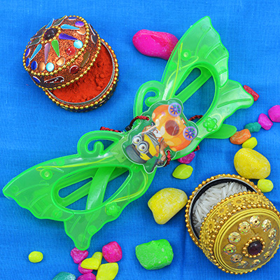 Attractive Eye-Catching Minions on Glorious Goggles Kids Rakhi