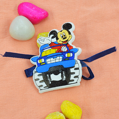 Happy Mickey Mouse Driving a Blue Car Wonderful Rakhi for Kids