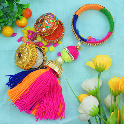 Pink, Green and Orange Color Kada with Bead Rakhi for Bhabhi