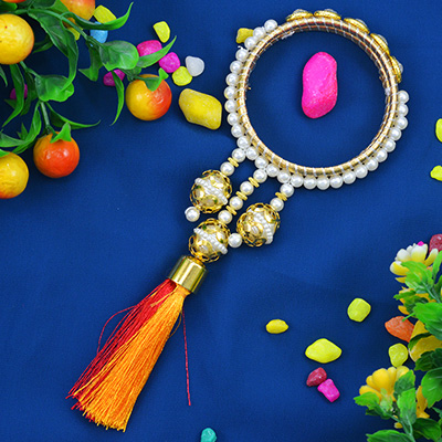 Beads Studded on Kada Round Shaped Lumba Rakhi for Bhabhi 