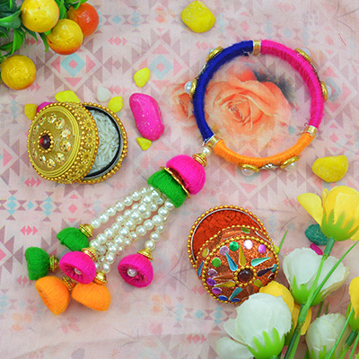 Designer Studded Beads on Colorful Lumba Rakhi for Bhabhi