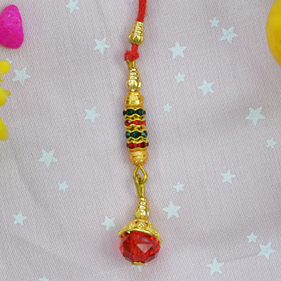 Multi Colored Hanging Jewels On Golden Lumba Rakhi