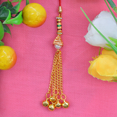 Hanging Golden Chains On White Bead Lumba Rakhi For Bhabhi