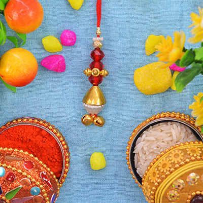 Small Bells Golden Red Beaded Lumba Rakhi for Bhabhi