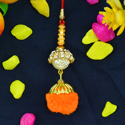 Nice Looking Software Orange Colored Lumba Rakhi for Bhabhi