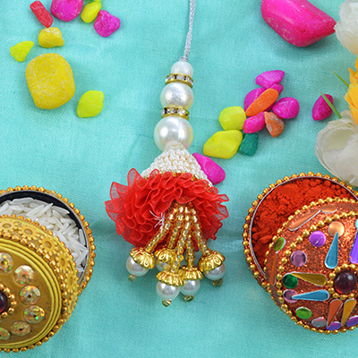 Three White Shining Beads Awesome Red Lumba Rakhi for Bhabhi 