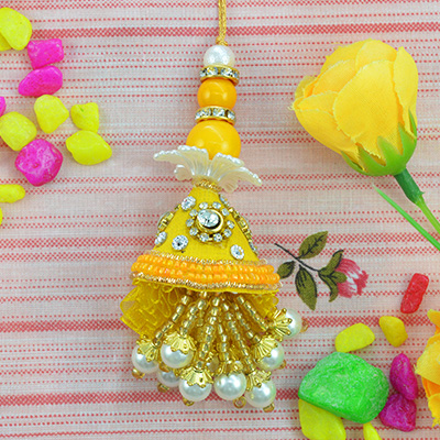 Yellow Colored Beads Wonderful Looking Designer Lumba Rakhi