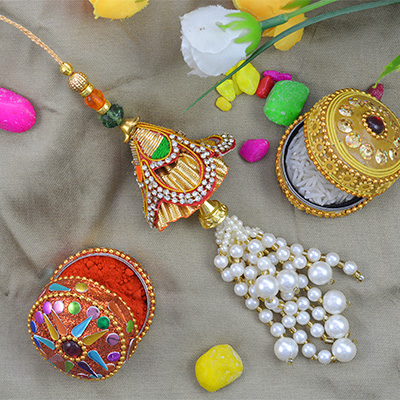 Beads Bunches Hanging On Golden Cotton Lumba Rakhi for Bhabhi