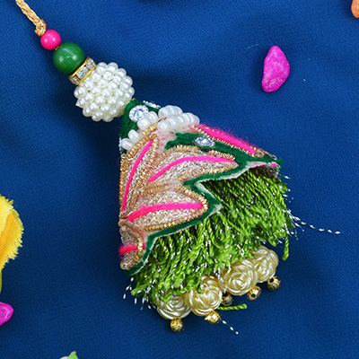 Pink Design Cotton Work Soft Green Threads Lumba Bhabhi Rakhi