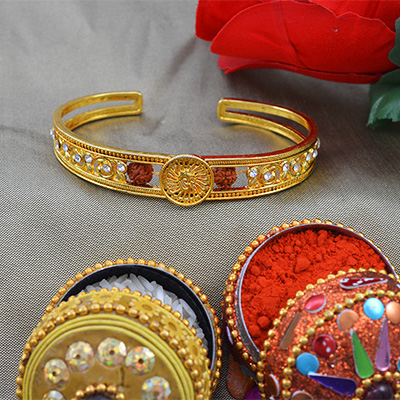Magnificent Round OM Rakhi Bracelet with Two Unique Rudraksha 