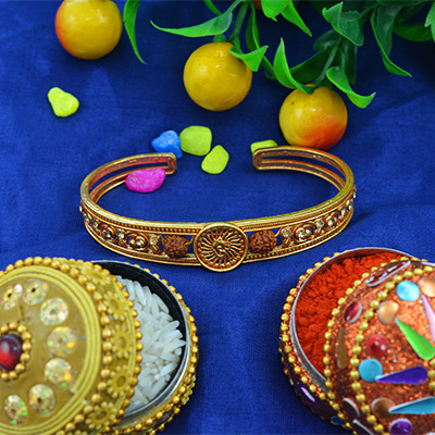 Amazing Golden Rounded Rudraksha OM Rakhi Bracelet