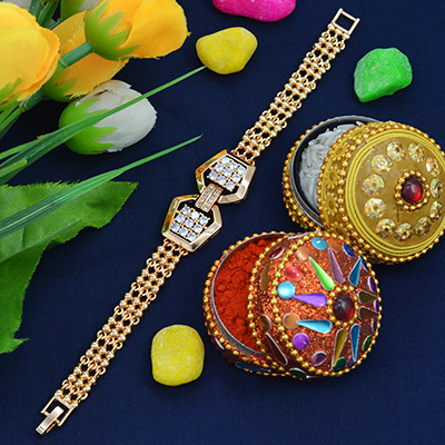 Unique and Eye Catching Golden Diamonds Rakhi Bracelet