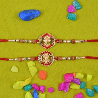Golden Color Rakhis with Beads Two Rakhis Set for Brother