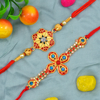 Stunning Looking Golden and Red Color Rakhis for Brother Set of 2