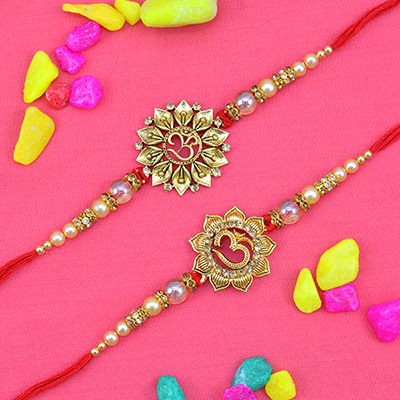 Two Golden Om Written On Leafs Rakhis Set for Brother