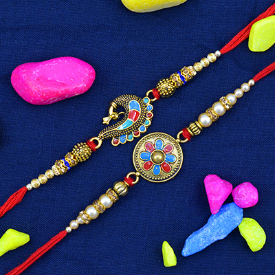 Peacock and Coin Type Golden Pair of 2 Brother Rakhi Set