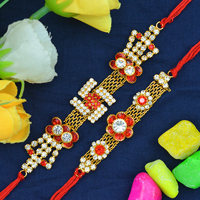 Swastika and Flower on Top Mid Golden Rakhi Set of 2 for Brother