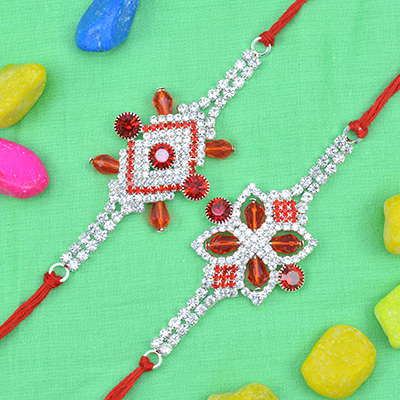Colorful Shining and Red Color Jewel Rakhi Set of 2 Brother Rakhis