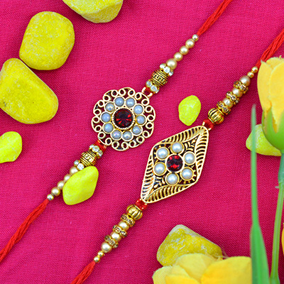 Golden Beaded and While Diamond Rakhi Set for 2 Bothers