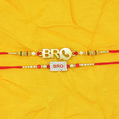 Bro Written Special Beads and Jewel Mauli Thread 2 Brother Rakhis Set of 2