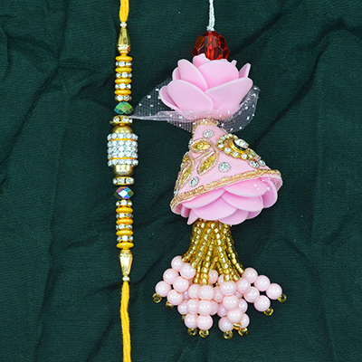 Amazing Jewel Thread Brother Rakhi with Pink Color Lumba Rakhis Set of Bhaiya Bhabhi