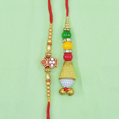 Divine Kalash Golden Beads Brother Rakhi with Colorful Lumba Rakhi Set of 2
