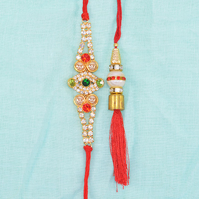 Jewel Studded Designer Bhai Rakhi with White Bead Red Threads Lumba Rakhis Set of Bhaiya Bhabhi